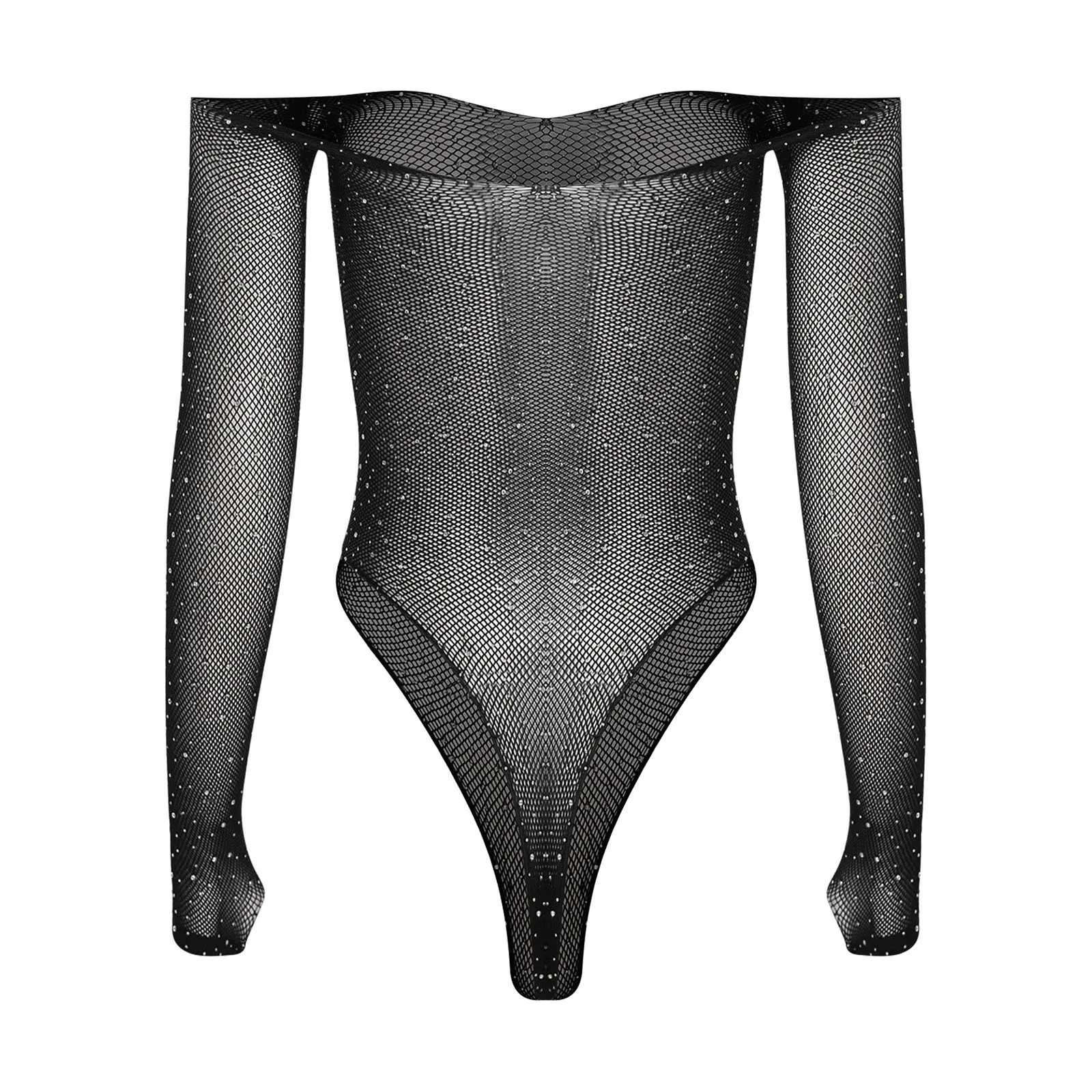 Womens Shiny Rhinestone Fishnet Bodysuit Off Shoulder Long Sleeve Stretchy Leotard Jumpsuit Nightwear Bikini Swimwear Cover Up