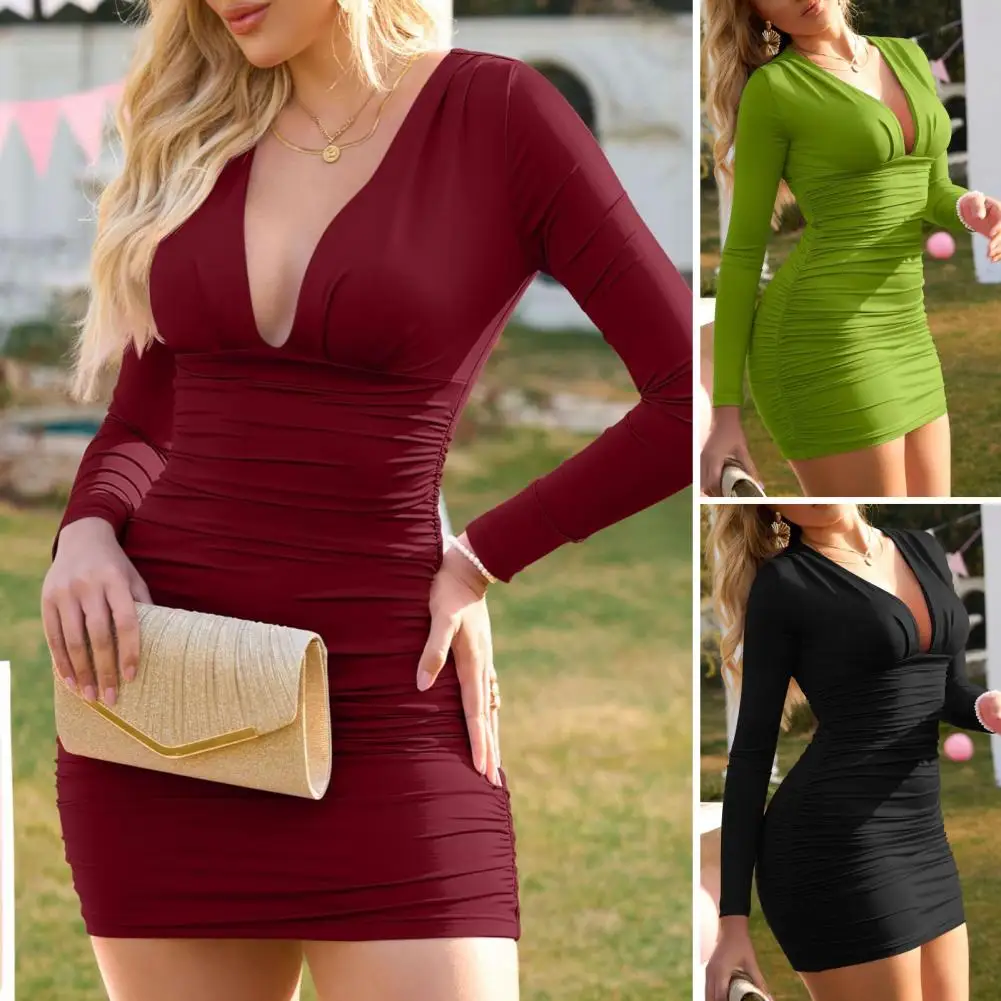 

Slim Fit V-neck Dress Elegant V Neck Pleated Mini Dress for Women Stylish Sheath Fit Long Sleeve Party Dress Stretchy Solid