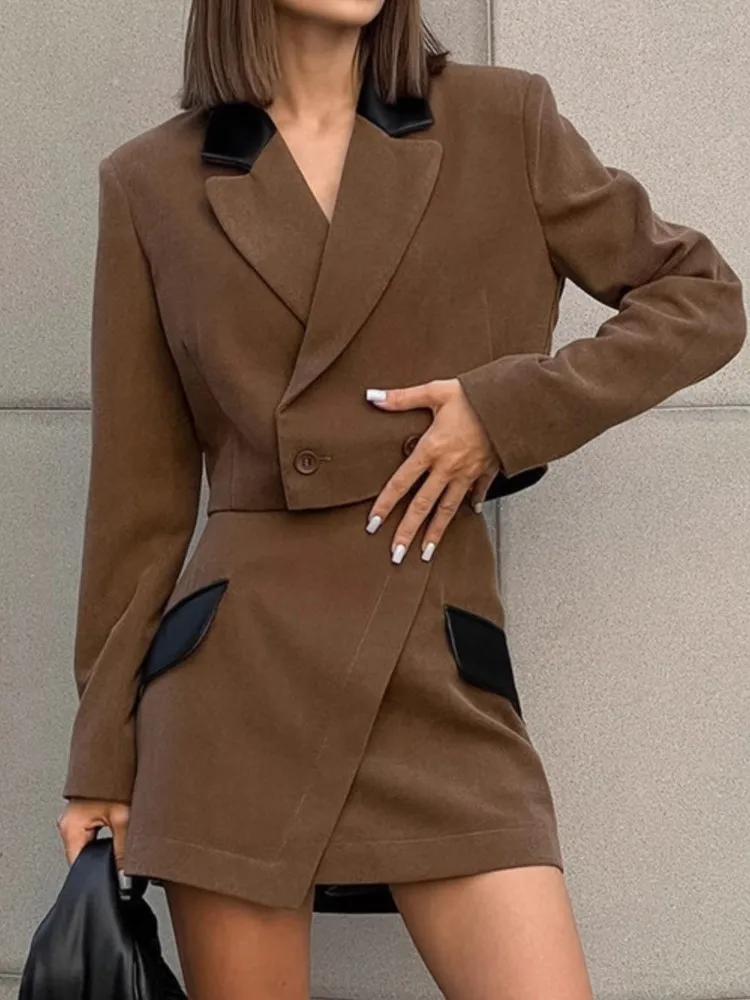 Autumn Fashion Suit Long-sleeved Top Short High-waisted Irregular Short Skirt Two-piece Set Women's Concise Commuting Skirt Set