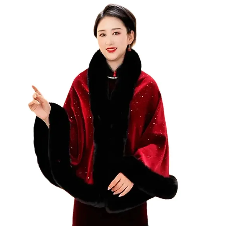 Women Shinny Sequin Cardigan Shawl Capes Lining Velvet Cloak Winter Thick Warm Big Faux Fur Streetwear Loose Poncho Opera Wrap