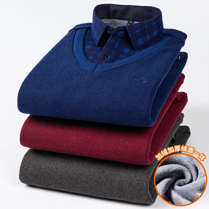Men's Knitted Shirt Collar Casual Loose Base Layer Thick Warm Fleece Lined Fake Two-Piece Sweater Fashion High-Quality Clothing