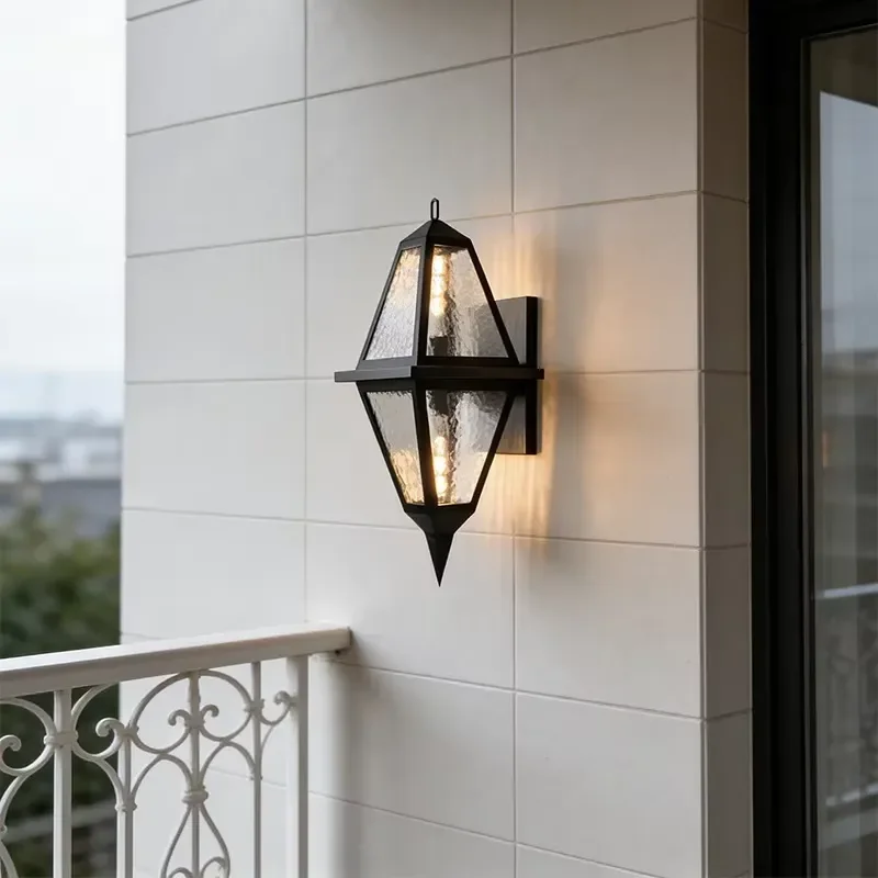 Classic American Black Wall Sconce, Vintage Peak Water Ripple Glass Lamp for Entry Porch Balcony Courtyard