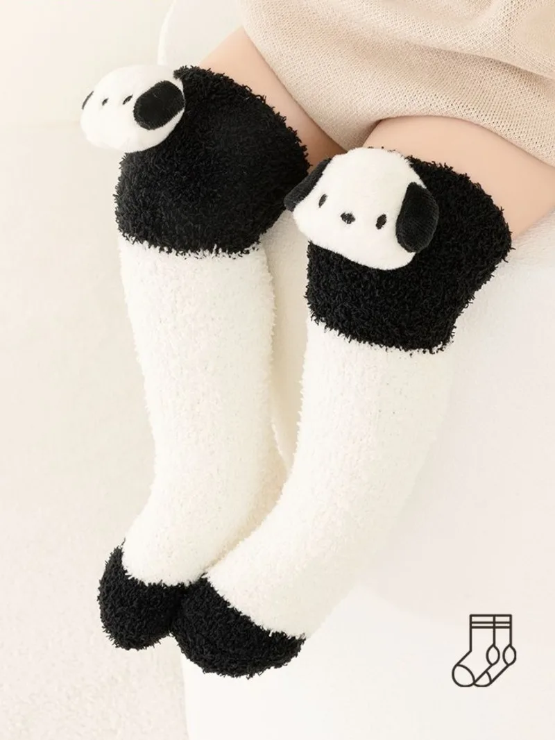 귀여운 판다 강아지 디자인 코랄 플리스 두꺼운 따뜻한 롱 스타킹 가을 겨울 아동용 양말