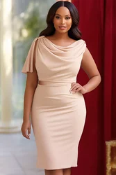 Plus Size Formal Champagne Cowl Neck Satin Midi Dresses