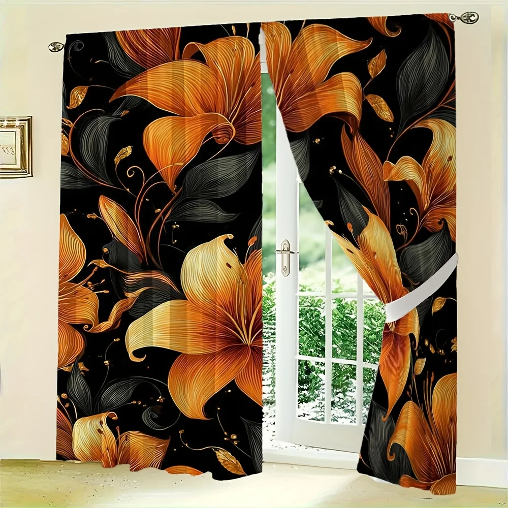 2PC Orange Lily Floral Curtain Panels 150x250cm Cotton Blend Light Filtering Decorative  curtains for living room