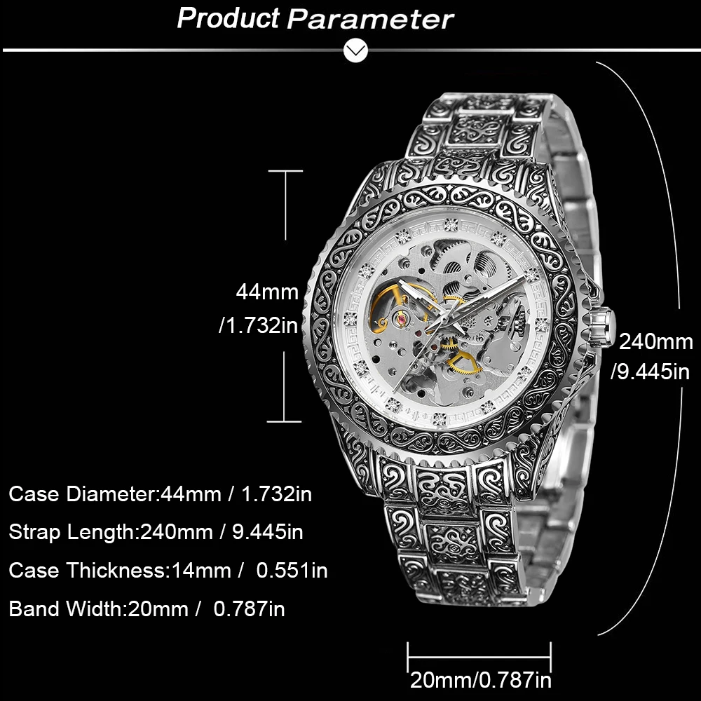 FORSINING ريترو موضة رجالي الهيكل العظمي التلقائي الساعات الميكانيكية كول حجر الراين فضي الفولاذ المقاوم للصدأ خمر نحت على مدار الساعة