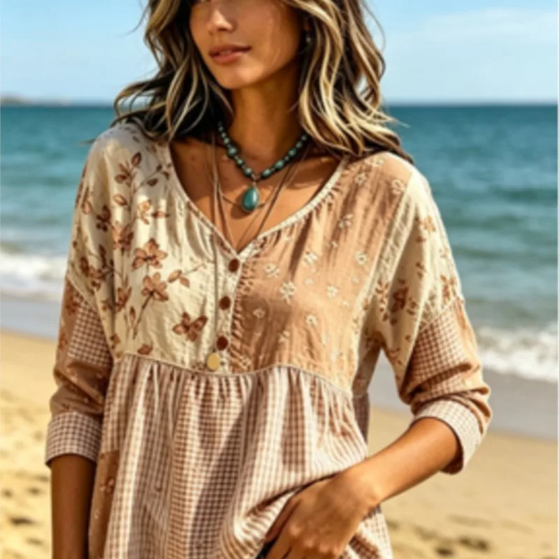 

Women's Khaki Butterfly Floral Patchwork V Neck Button Long Sleeve Gingham Striped Vintage Casual Loose Peplum Top
