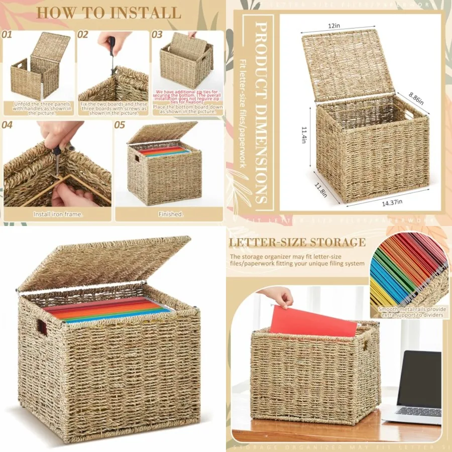 

Seagrass File Box Organizers Decorative File Baskets for Hanging Folders Filing Cabinet with Lid Collapsible Letter Size Docume
