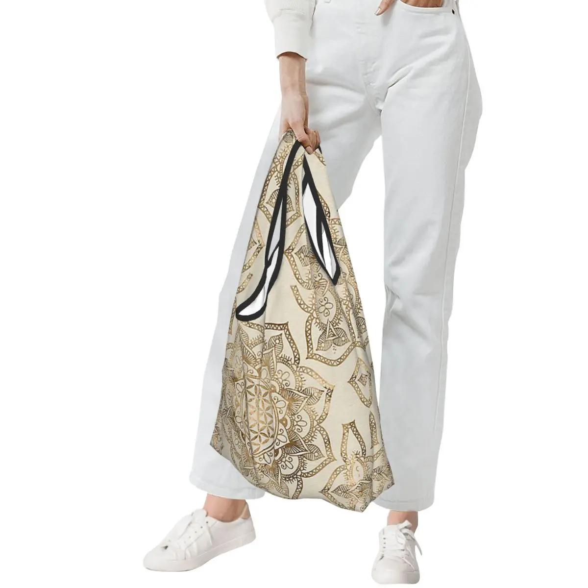 

Flower Of Life In Lotus - Pastel Golds And Canv Shopping Bag Portable Tote Bags Foldable Shoulder Shopper Bag Groceries Handbag