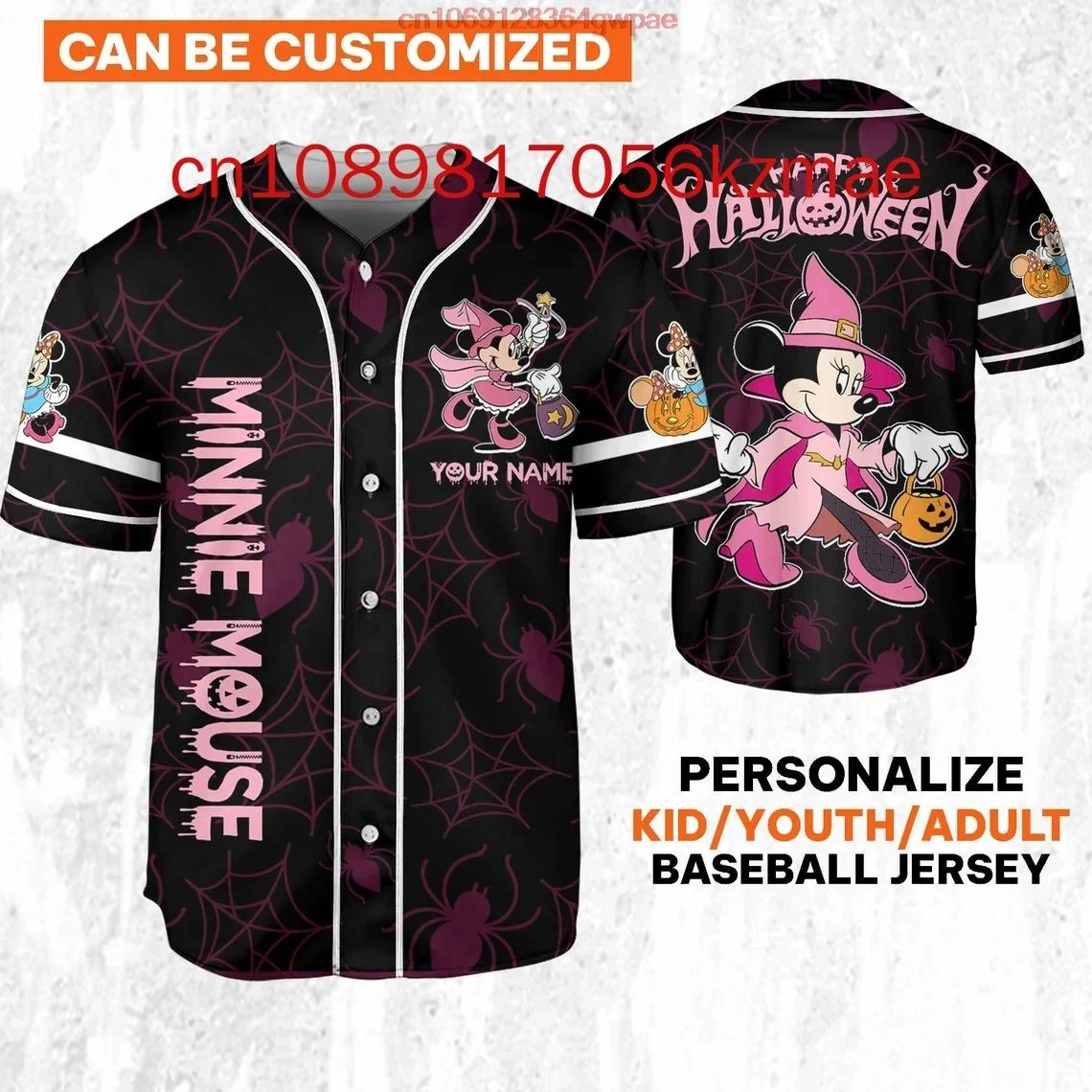 Disney Minnie Mouse Halloween Baseball Jersey Custom Name Men's And Women's Baseball Jersey Fashionable Short Sleeve T-Shirt