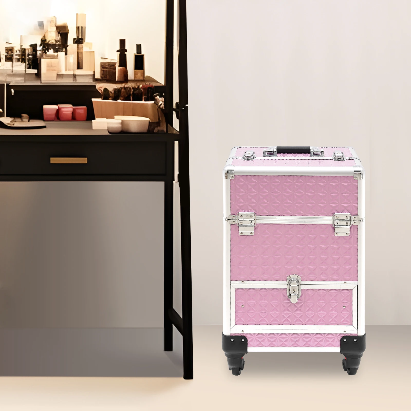 

13.4*9.8*18.5" Rolling Case, Wheeled Manicure Storage Case Organizer 44.09lbs Professional Makeup Trolley for Studio/ Travelling