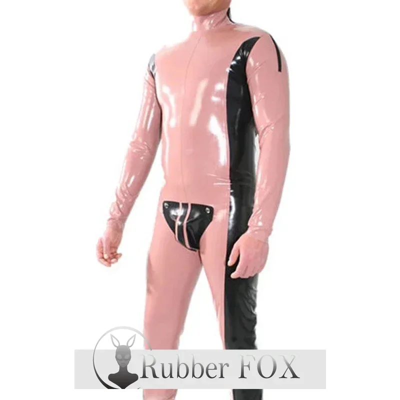 

customized customized Latex Catsuit Baby Pink and Black with Shoulder Back Crotch Zipper Codpiece Rubber Jumpsuit Bodysuit No So