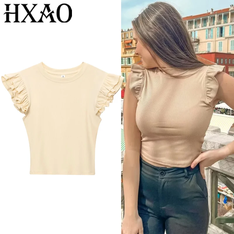 

HXAO Woman 2025 Shirts Tops Ruffles Sleeve Cropped T-Shirts Summer Knitted Y2K Top Fashion Tight New Ladies Tops And Blouses