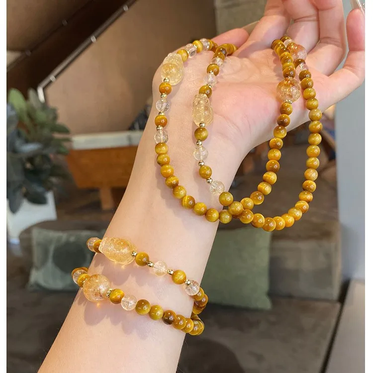 Lucky Chinese Style Double Layer Yellow Tiger Eye Stone Bracelet With Citrine Pixiu Charm For Wealth Fortune Blessing Women Men