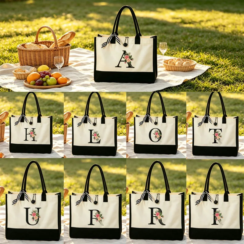 Customized Floral Monogram Initial Letter Canvas Tote Bag Large Capacity Reusable Shopping Handbag Tote Bags for Women