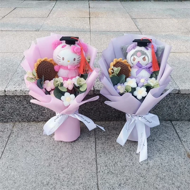 Buquê de formatura kuromi olá kitty cinnamoroll minha melodia boneca de pelúcia brinquedo com girassol de lã presentes de natal do dia dos namorados