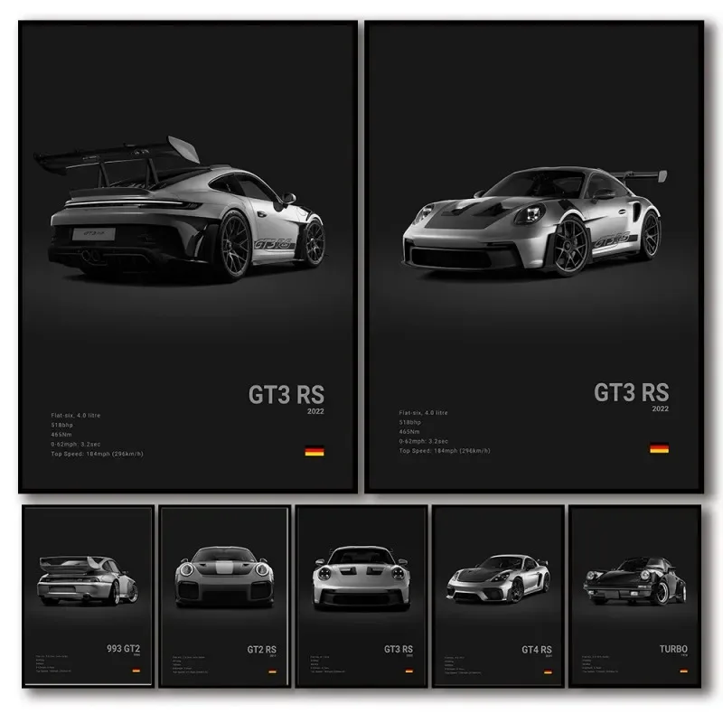 Póster de coche deportivo de lujo alemán en blanco y negro Pop, arte de pared 911 GT3 RS Turbo HD, impresión al óleo sobre lienzo, decoración para sala de estar y garaje