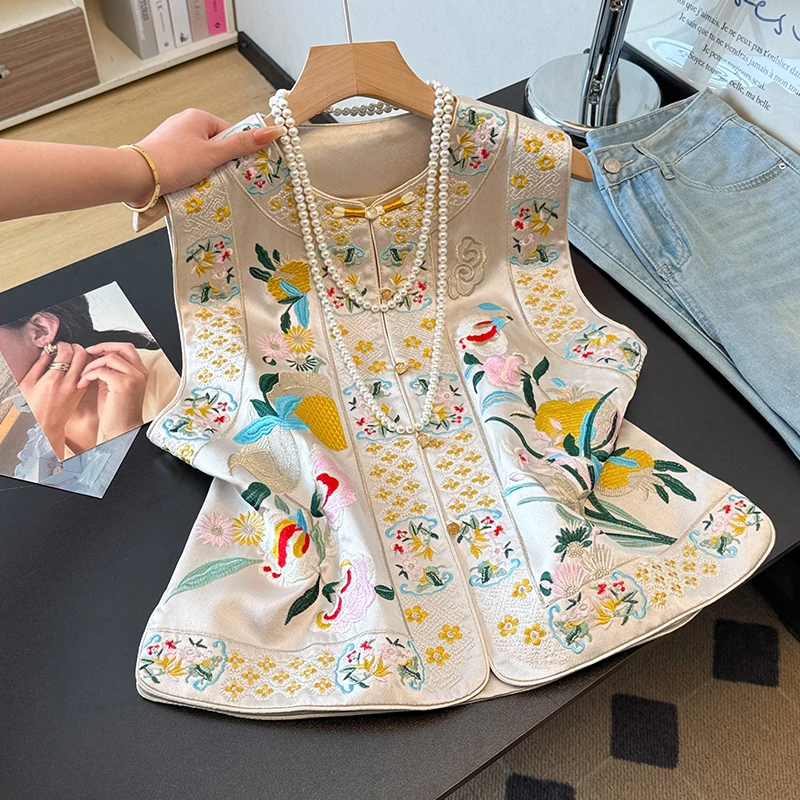 

New Chinese Style Heavy Embroidery round Neck Button up Top Jacket Improved Vest Spring Summer Fashion Ladies' Clothing