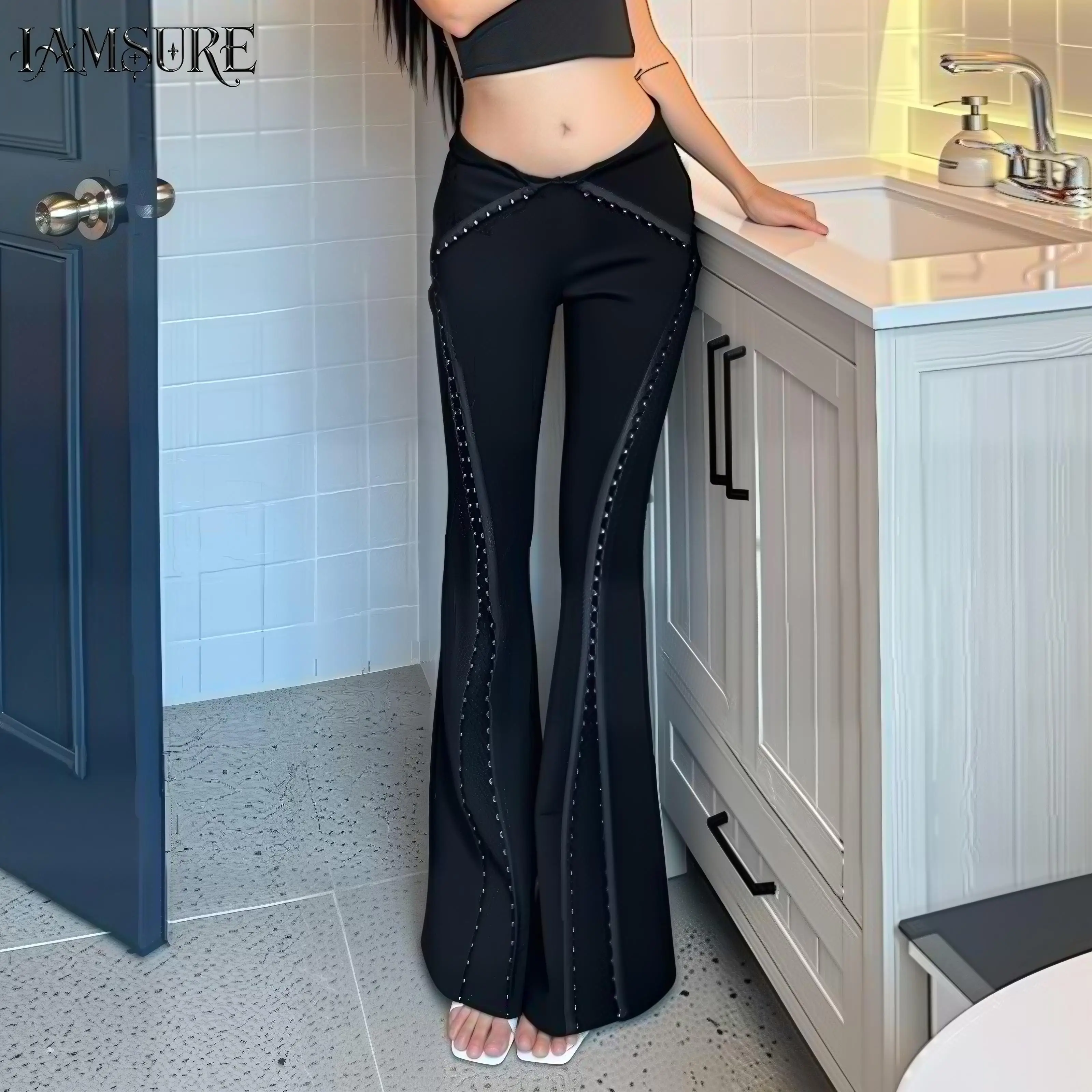 Street Fashion Buckle Design Elastic Micro Flared Knitted Pants Women Elegant Slim-Fitting Low Waist Black Trousers Chic Bottoms