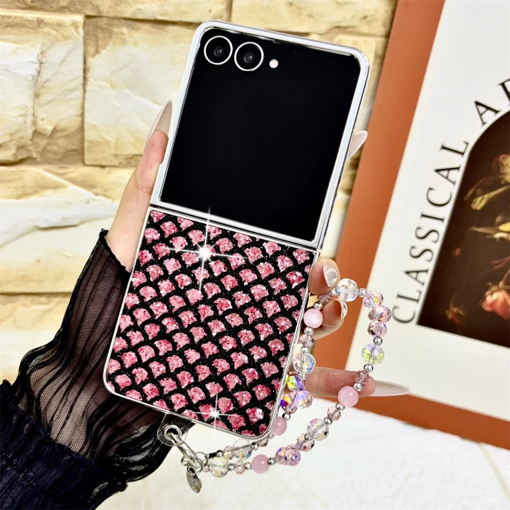Luxury Retro Sparkling Fish Scale Plating Frame Phone Case for Samsung Galaxy Z Flip 8-3 Crystal Bead Strap Protective Cover