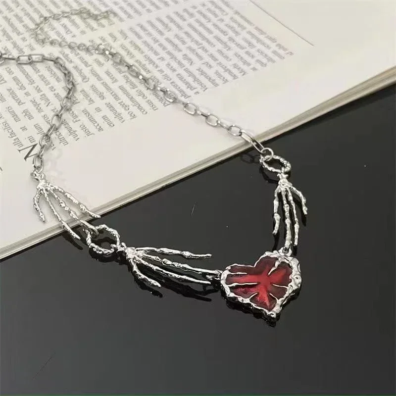 Gothic Ghost Claw Red Heart Necklace Irregular Dark Love Necklaces Punk Harajuku Big Heart Pendant Necklace For Men Women image 3