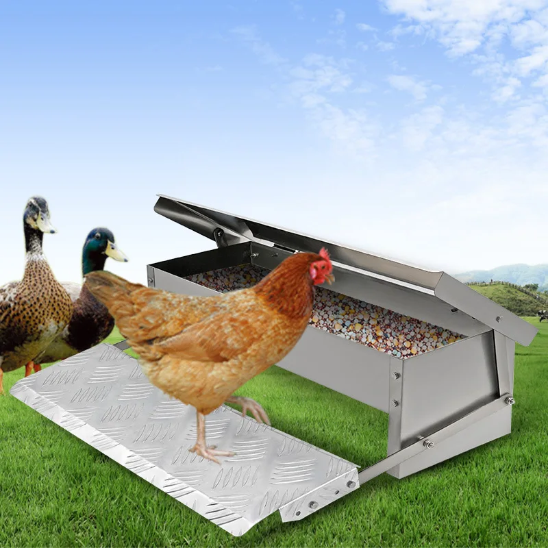 Stainless Automatic Chicken Feeder Treadle Self Opening Poultry Feeding Troughs Waterproof Ratproof Chicken Trough With Pedal