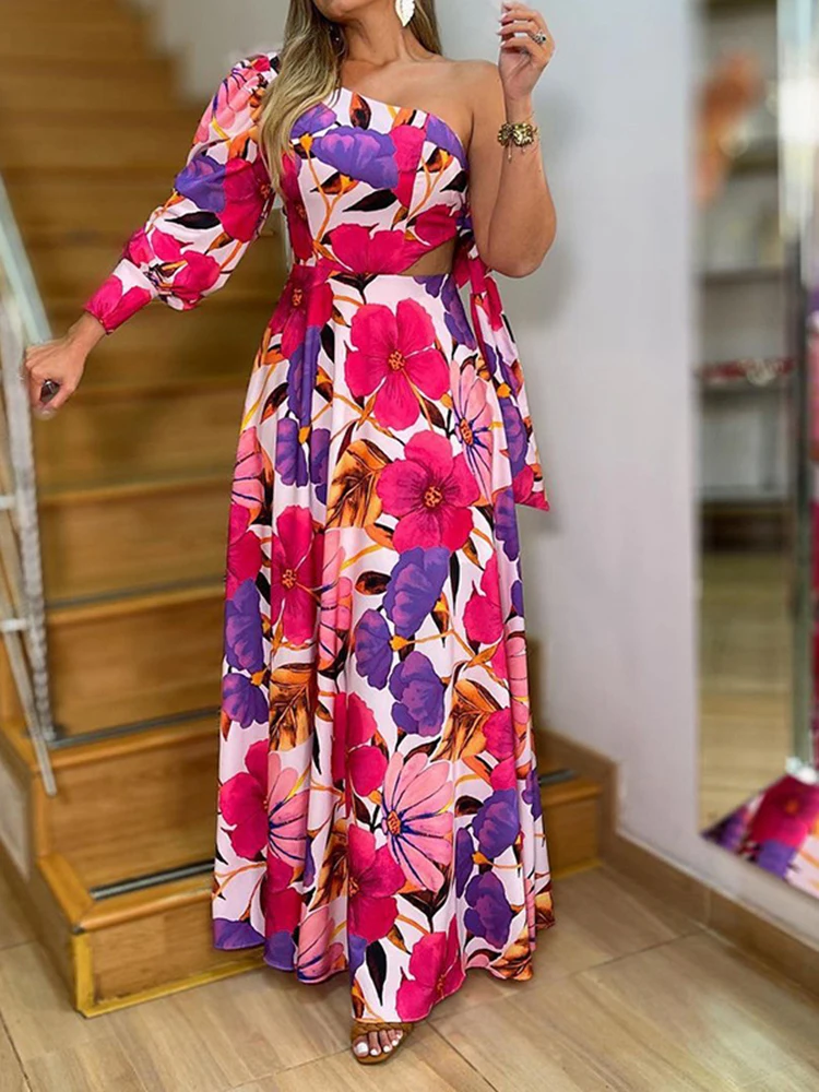 Seksowna sukienka maxi z odkrytymi ramionami, w kwiatowy wzór, elegancka sukienka świąteczna z wysoką talią i wycięciami, modna asymetryczna sukienka boho na imprezę, sznurowana.
