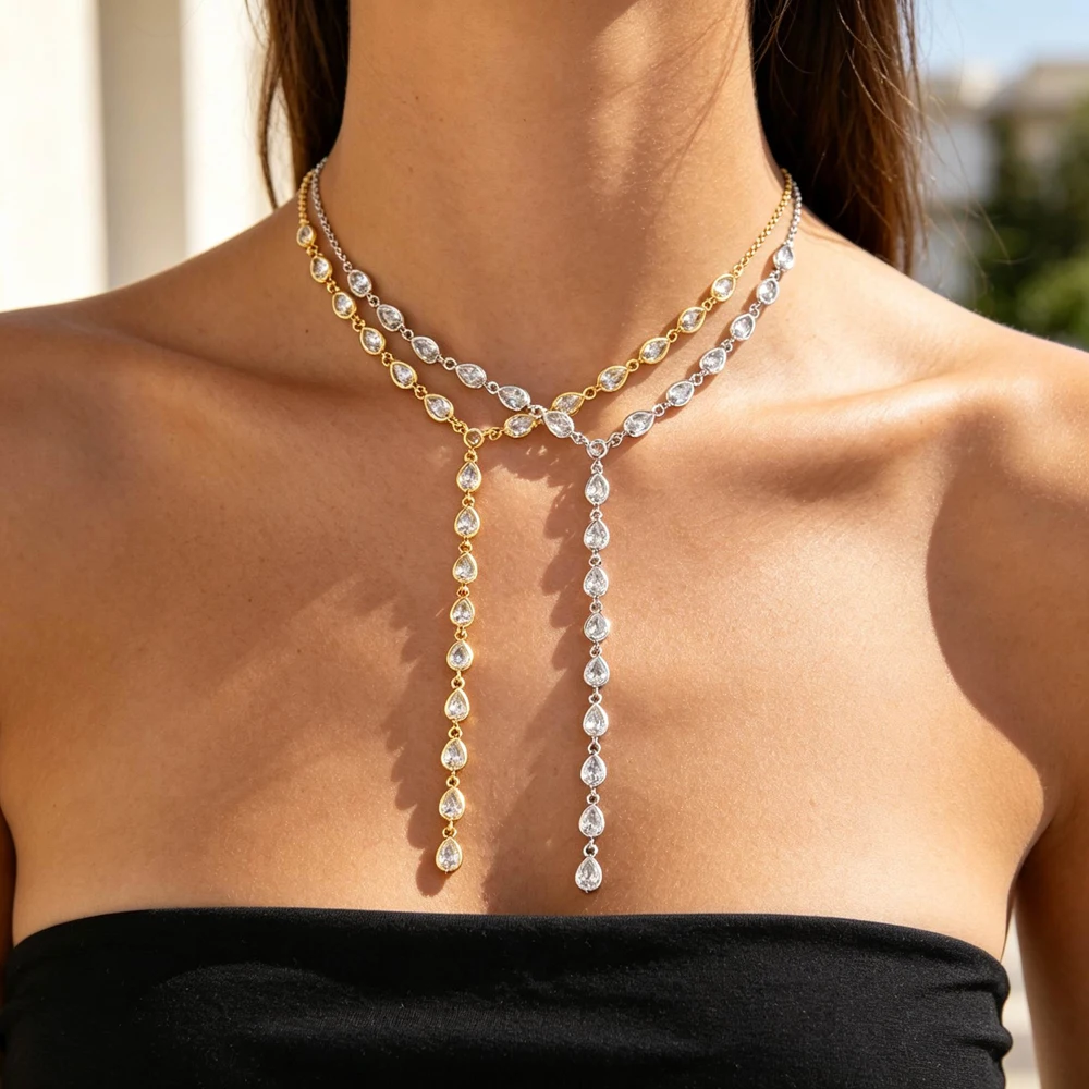 Water Drop CZ Choker Necklce for Women Bijoux Layered And Long Chain Link Pendant Simple Dainty Boho Layering Choker Jewelry