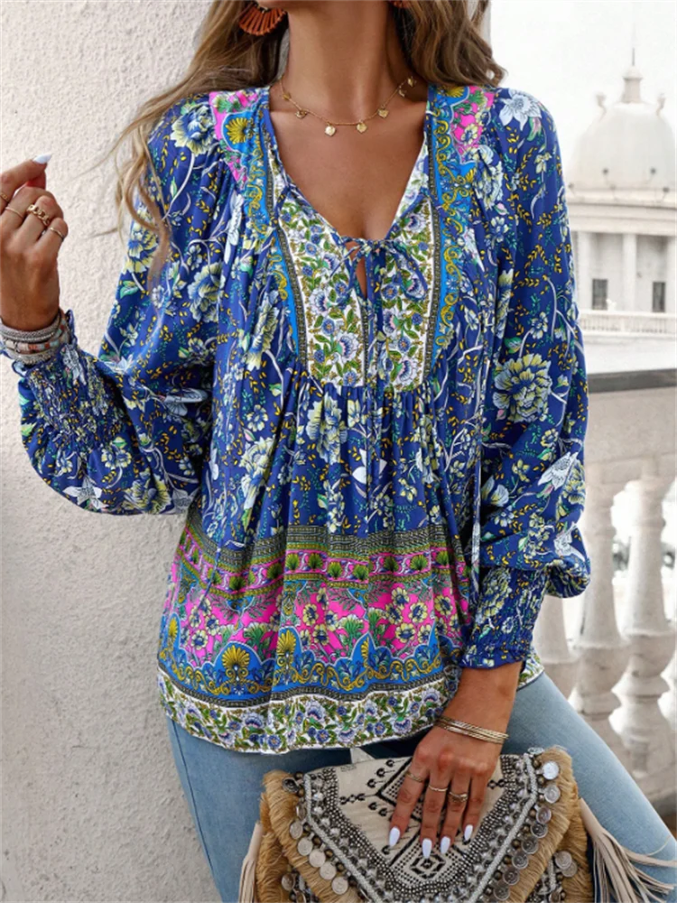 Bohemian Blouse Women Shirt Lace Up Top Spring Autumn Blouses Long Sleeve Pullover Cotton Printed Tie Blous Loose Casual Shirt