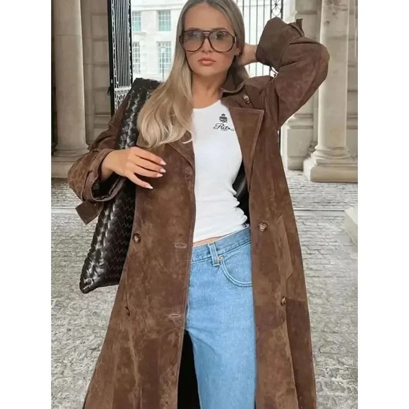 Elegant Brown Belted Waist Long Coat Double Breasted High Street Autumn Fashion Full Sleeve Outwear Female Retro Jacket