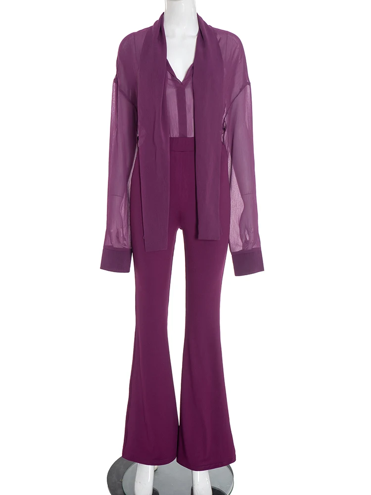 Nibber Slim 2-teiliges Set für Damen, Netzstoff, V-Ausschnitt, Band, dünnes Hemd + Schlaghose, passende Hottie, schlichtes, elegantes Büro-Stretch-Outfit