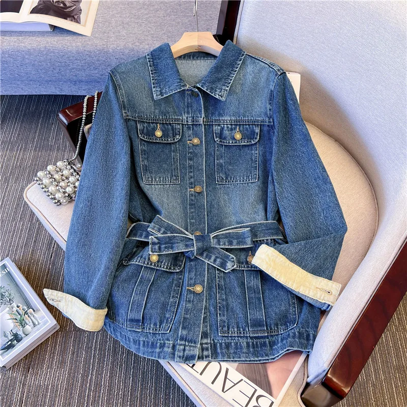 Spring Autumn Vintage Blue Mid-Length Denim Jacket With Sashes Multi-Pocket Lapel Single-Breasted Sleeveless Jeans Jacket Coat