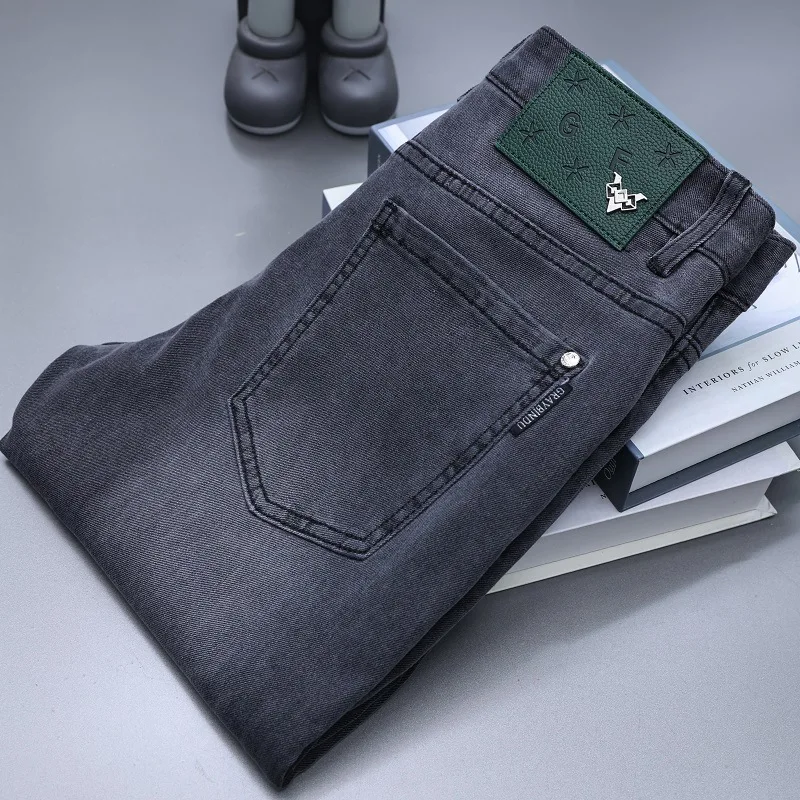 Simple High-End Men's Summer Thin Black Gray Jeans Men's Stretch Slim-Fitting Small Straight Casual All-Matching Long Pants