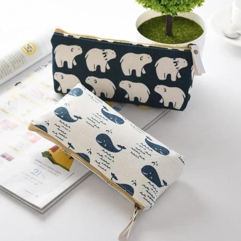 Creative Small Fresh Style Pencil Case Cute Bear Printed Fabric Zipper Pencil Bag School Stationery Storage Supplies