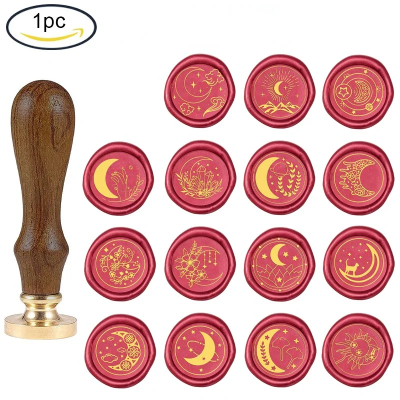 

1PC Wax Seal Stamp Moon Stars/Moon Theme pattern Retro Sealing Wax Stamp with 25mm Removable Brass Head Wooden Handle