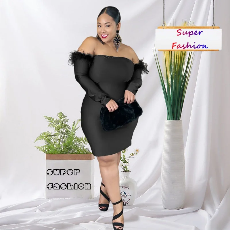 WSFEC XL-5XL Plus Größe Kleider Winter Herbst Frauen Kleidung Feste Langarm Federn Liebsten Bodycon Sexy Club Party Kleid