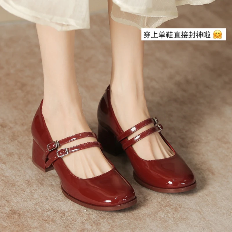 japanned leather double ankle strap pumps women mary janes shoes square toe med-high heels escarpins femme lolita shoes 2026