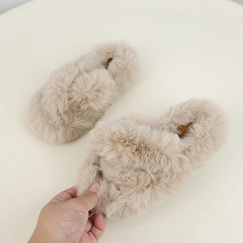 Winter Children's Slippers Furry Hairy Girls Warm Home Slippers Open-toe Warm Kids Fashion Causal Flat Plush Shoes Solid Color