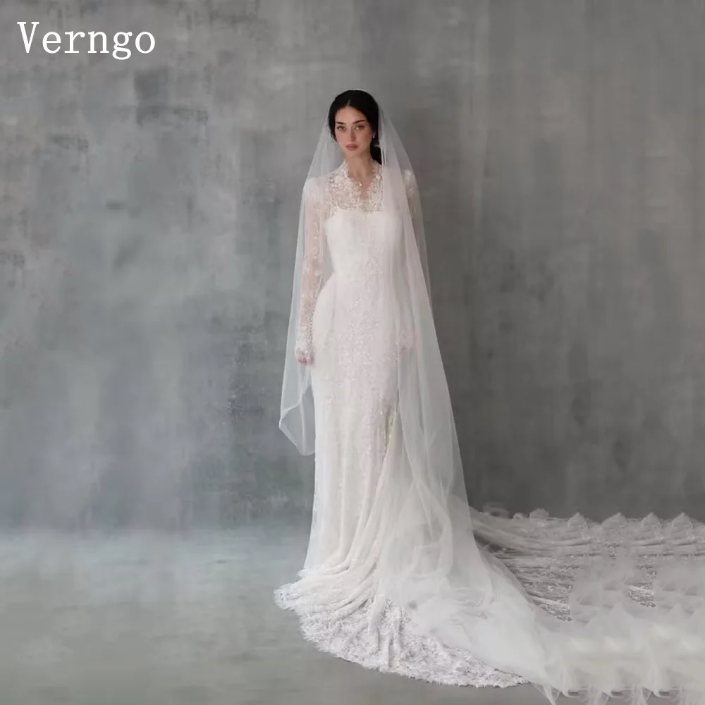 

Verngo Luxury Lace Wedding Dress V Neck Full Sleeves Mermaid Bridal Gowns Women Sweep Train Bride Dresses Customized