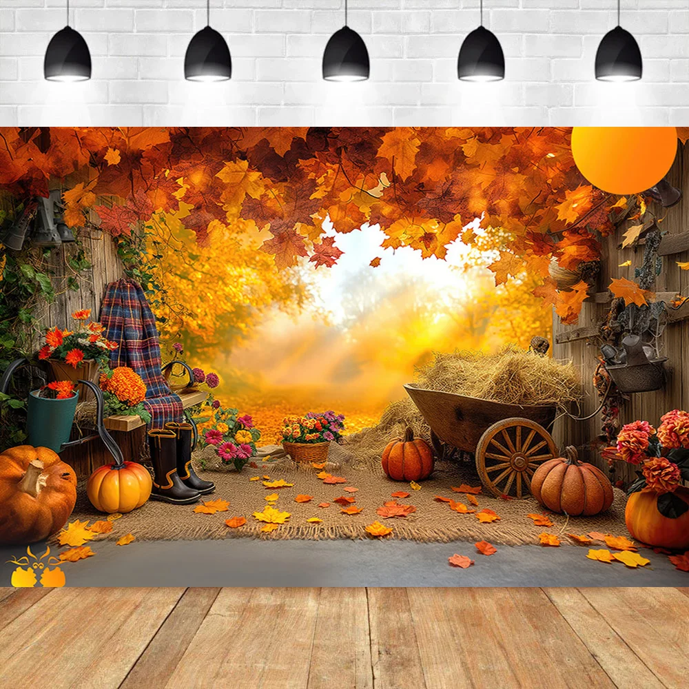 Halloween Day Photography Backdrops Props Wagon Tablecloth Fall Scene With Pumpkin Patch Door Photo Studio Background HW-01