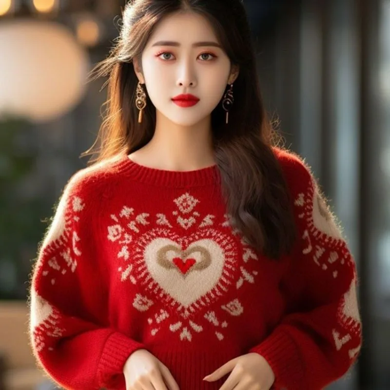 2025年新作クリスマスファッションプルオーバー レディース レッド ラブ 女性用セーター カジュアルニット 小香風トップス