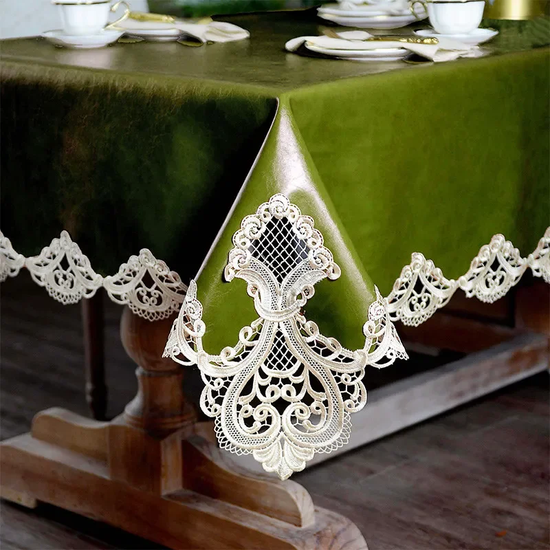 EIFLOY-Waterproof PU Leather Tablecloth, Dining Square Table Cover, Rectangular, with Lace, Anti-stain, Birthday Party, Kitchen