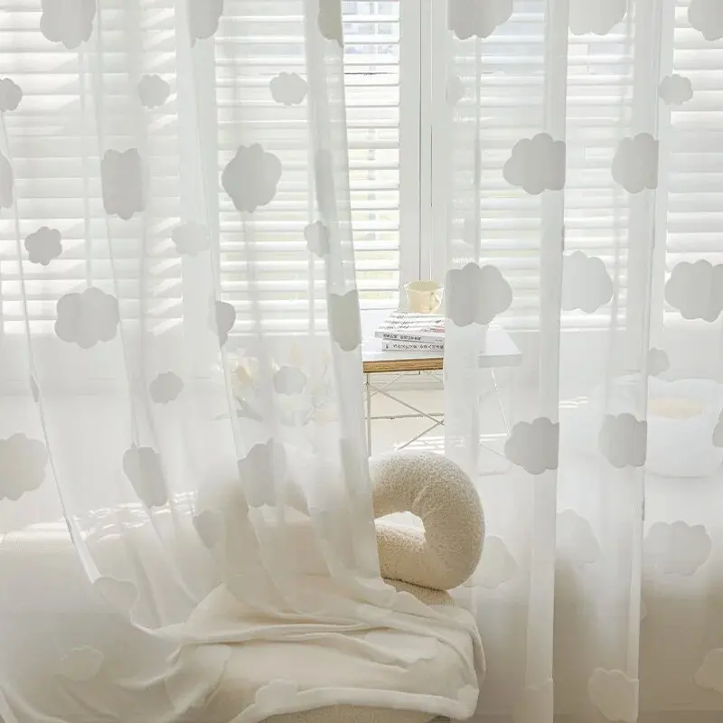 1Piece Korean Cartoon Relief Cloud Flocking Window Screen White Soft Transparent Tulle Curtain For Living Room and Bedroom
