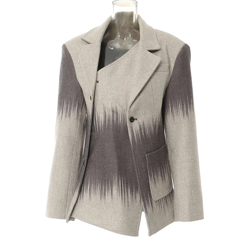 British Geometric Printing Personality Cutting Slim Tweed Jacket Women