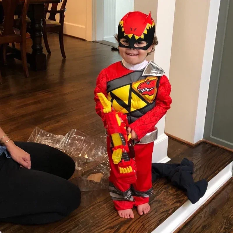 بدلة ديناصور فريق ريد باور دينو تشارج رينجر للبطل الخارق للعضلات بدلة تنكرية للهالوين للأطفال أغطية رأس للأطفال