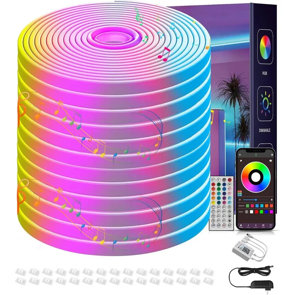 

Светодиодная неоновая лента RGB 50T, уличная, водонепроницаемая IP67, с дистанционным управлением и управлением через приложение, гибкая, для синхронизации с музыкой и декора