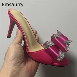 Jeweled Satin Butterfly-Knot Sandals Women Sexy Open Toe 8cm Thin High Heels Slingbacks Summer Mules For Girls