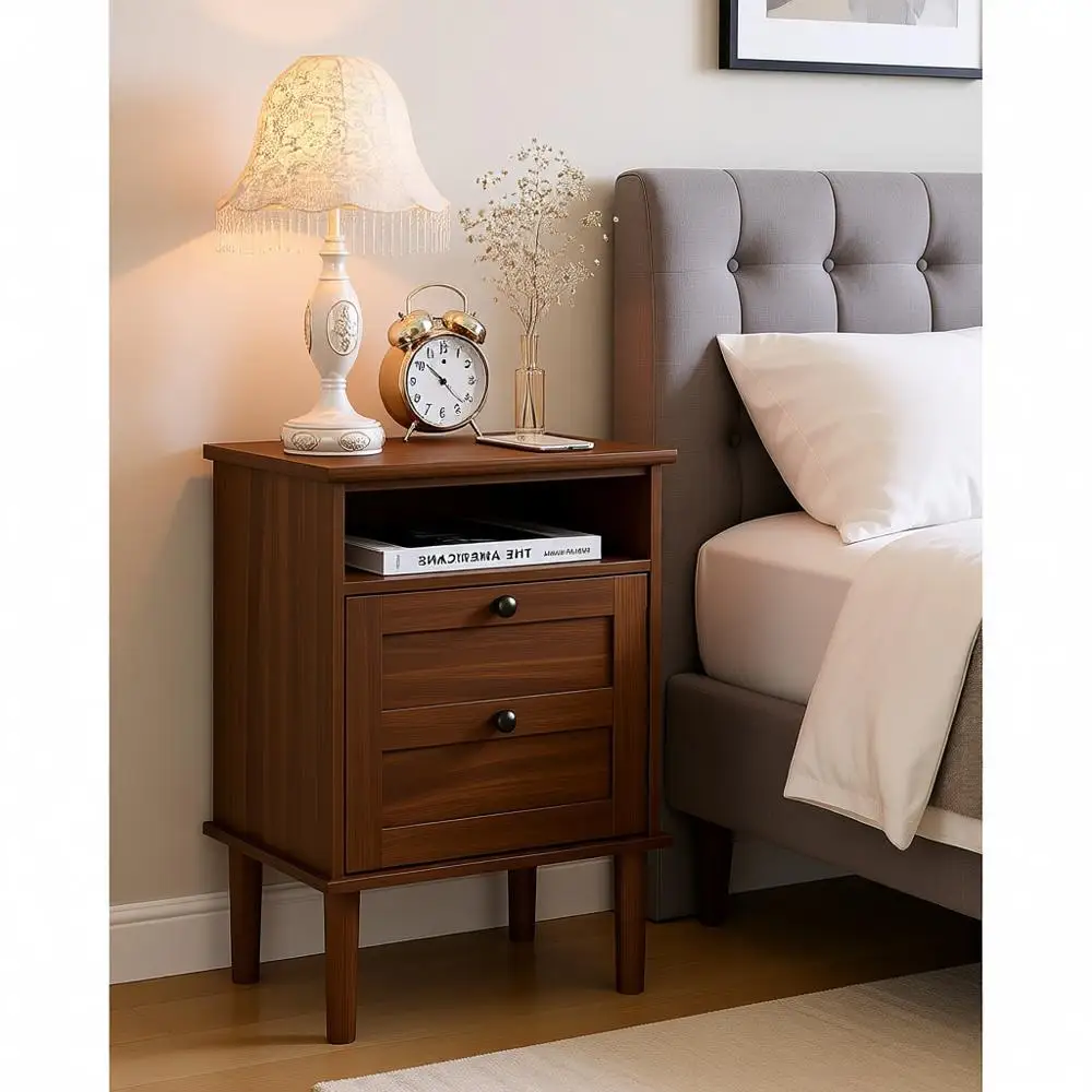 

Прикроватная тумба в стиле бохо из орехового дерева с открытой полкой, приставной столик для спальни или гостиной
