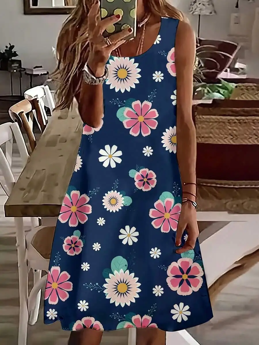 

Women Sleeveless Floral Print Summer Casual Dress For Beach Vacation