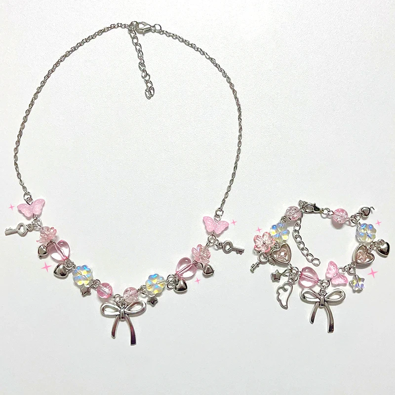 Cute Bow Necklace Fairy Core Pink Girl Jewelry 1pcs